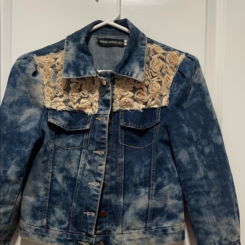 Blue and Tan Floral Jean Jacket